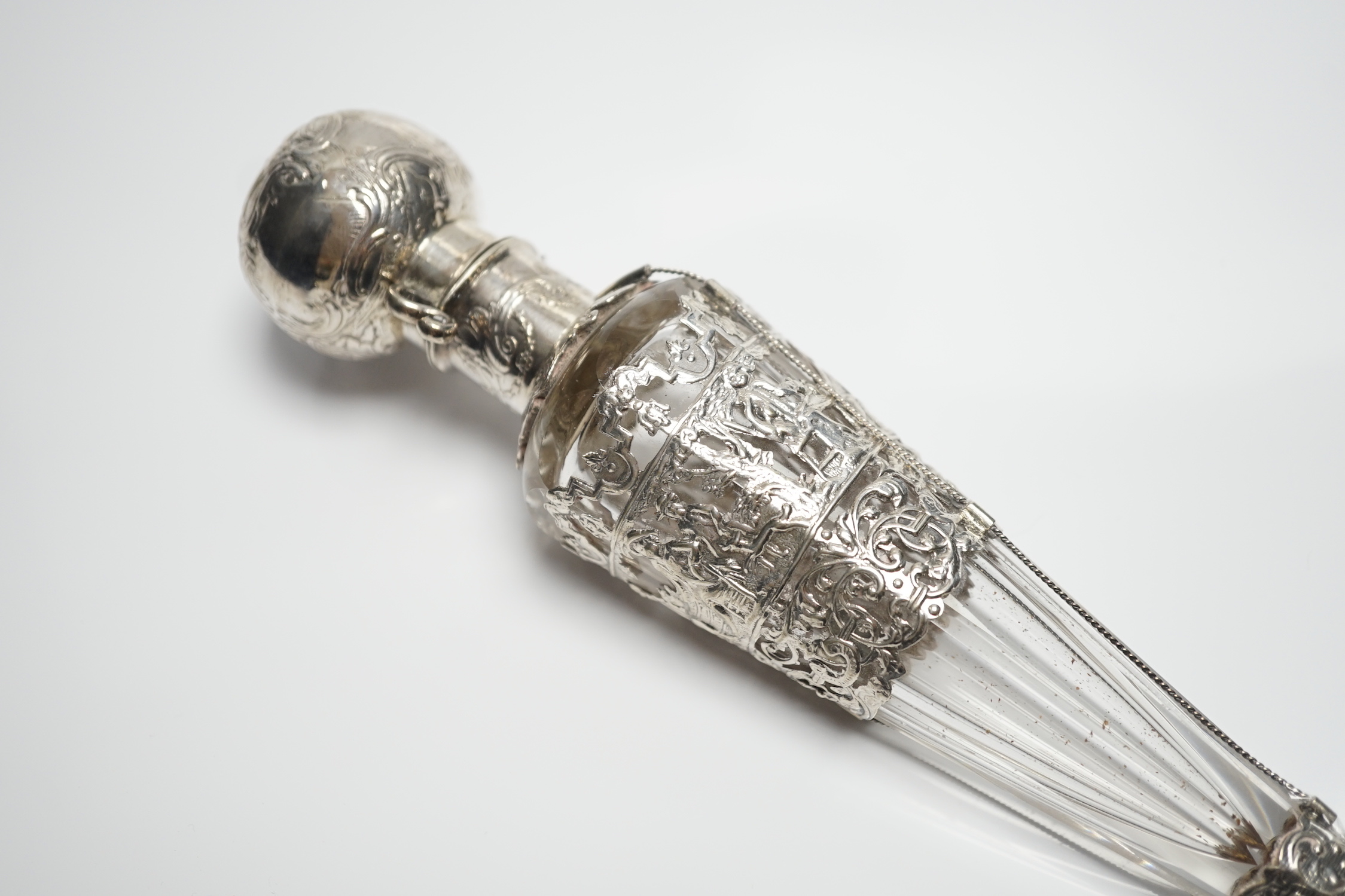 A continental white metal mounted glass teardrop shaped scent bottle, 25.5cm.
